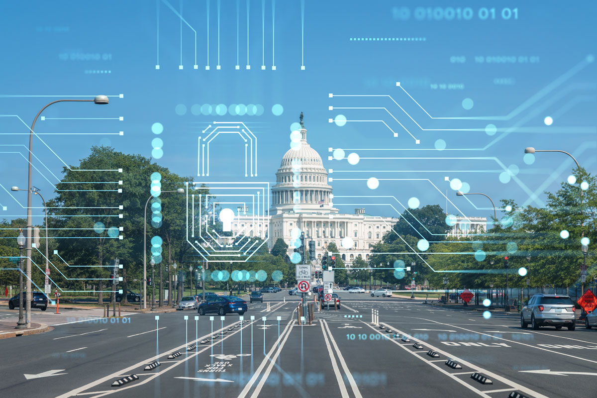 Image of the US Capitol overlayed with a stylized locl and integrated circuits